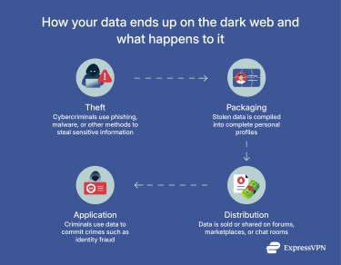 A simple flowchart showing how personal information ends up on the dark web and what happens to it.