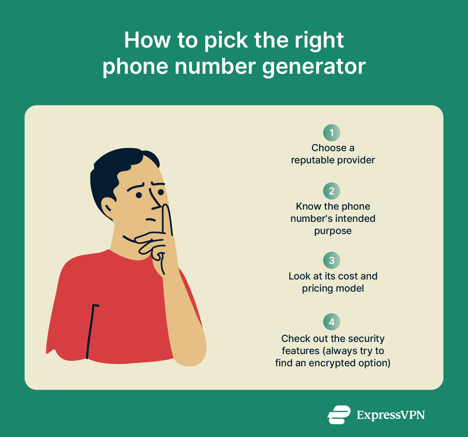 An infographic with key features to consider when choosing a phone number generator