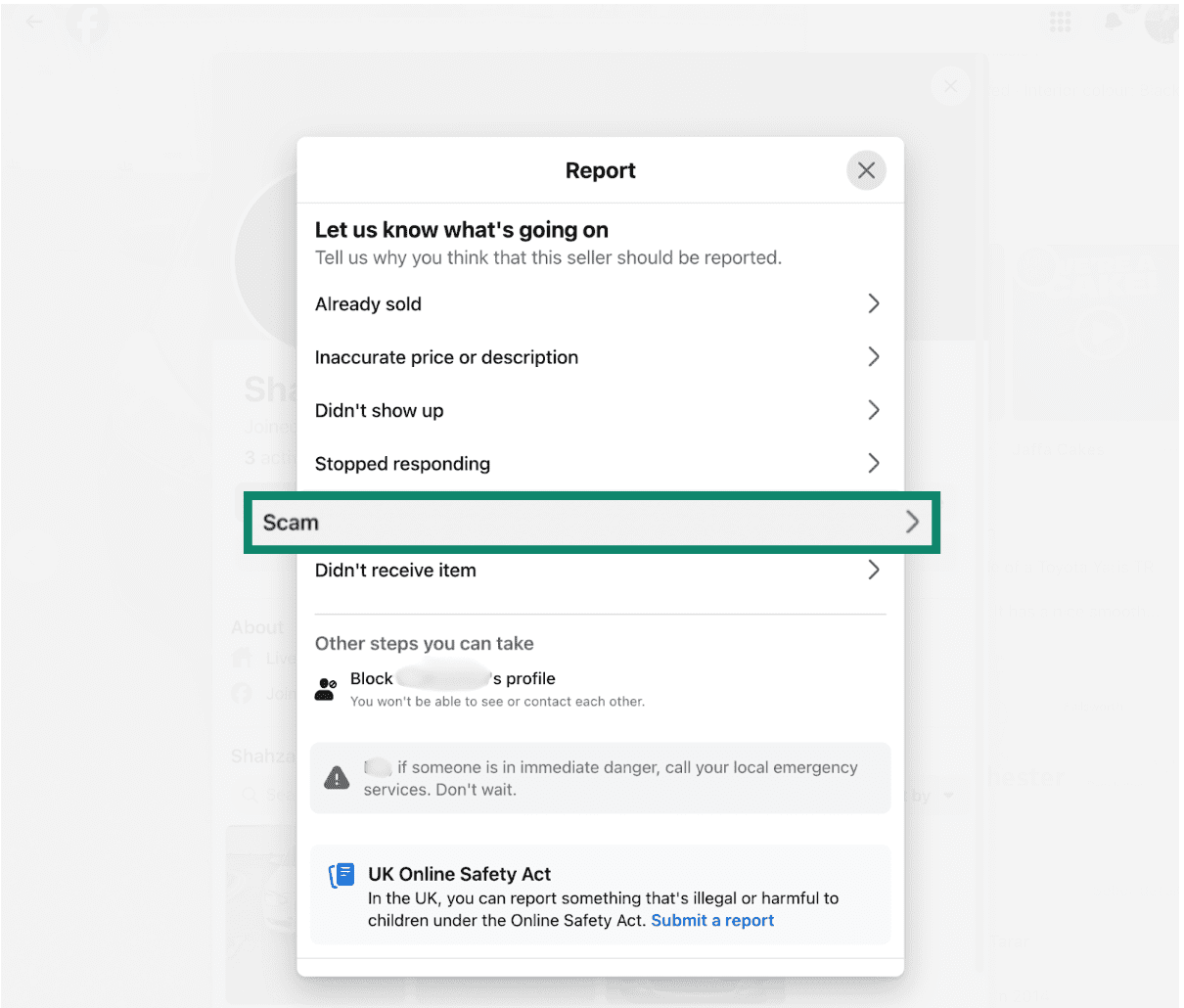Reporting a scam on Facebook Marketplace.