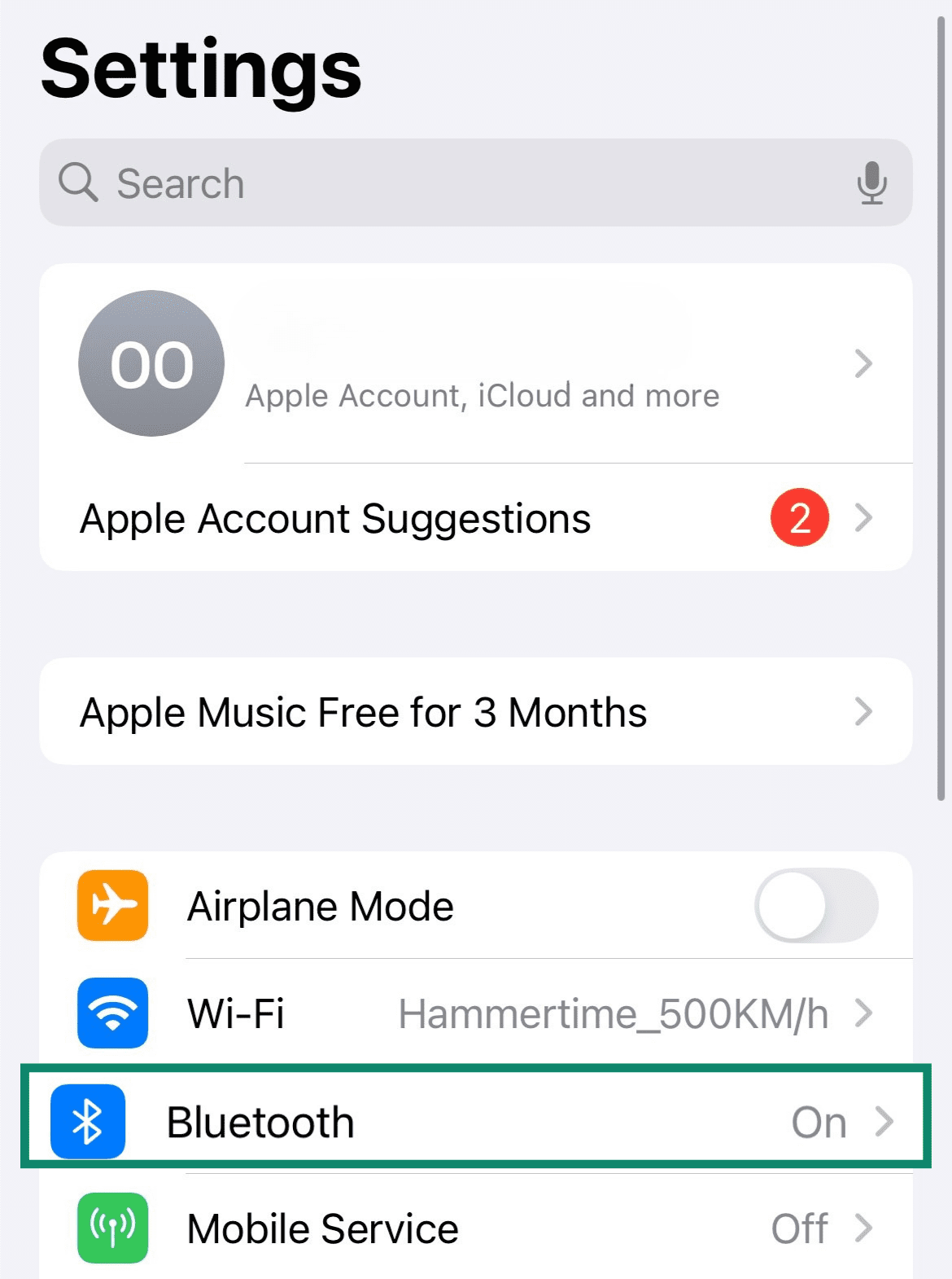 Screenshot of Bluetooth settings turned on in iOS device settings menu.