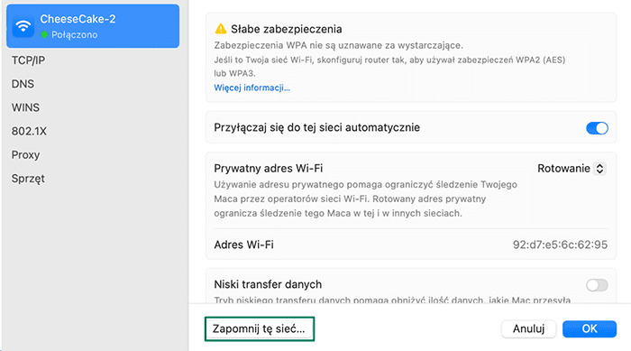 The Mac Wi-Fi information window, with Forget This Network highlighted.