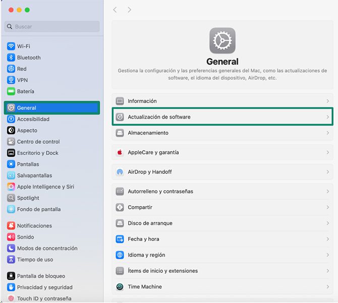 The General tab of the Mac settings window, with the Software Update menu highlighted.