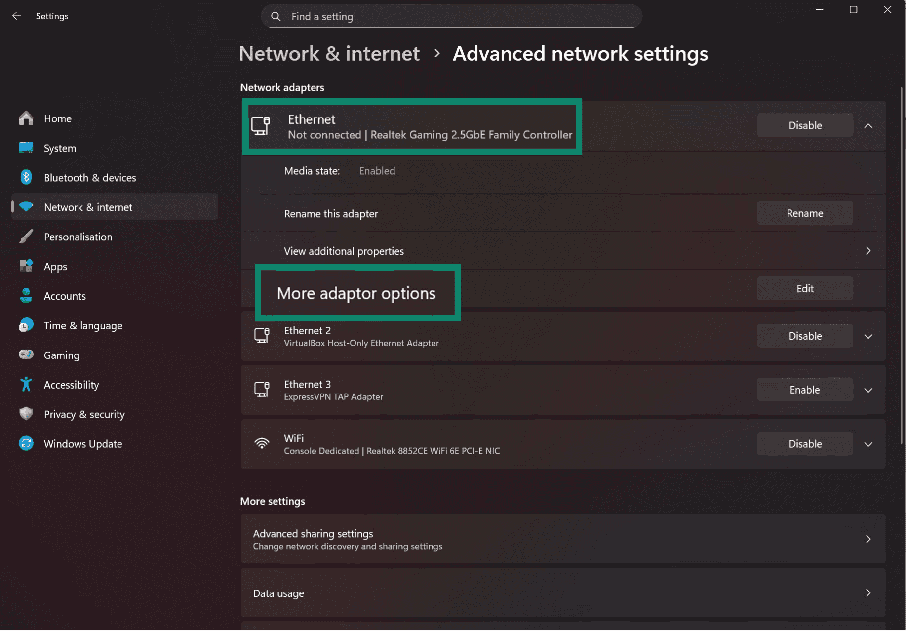 Windows 11 Advanced network settings highlighting the active network adapter and More adapter options.