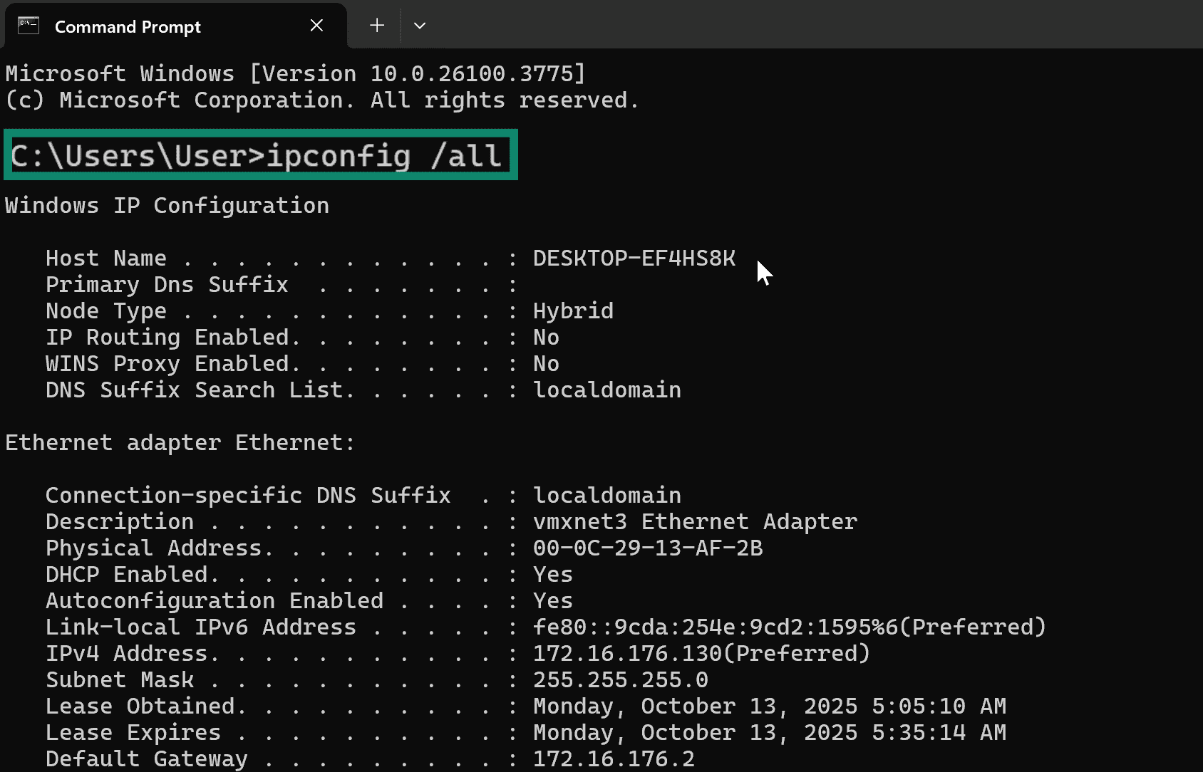 Windows Command Prompt showing “ipconfig /all” command highlighted.