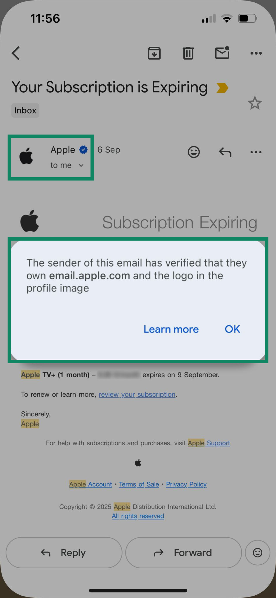 Screenshot of a real email from Apple in Gmail, using BIMI to verify that the sender owns the domain and logo used