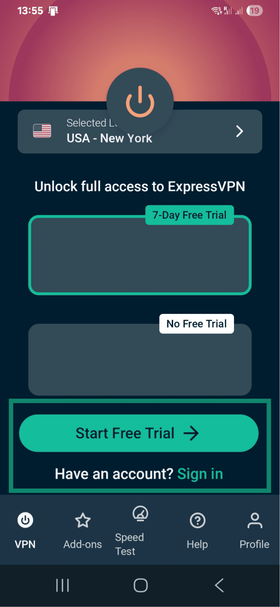 The ExpressVPN Android app's homepage after initial installation.