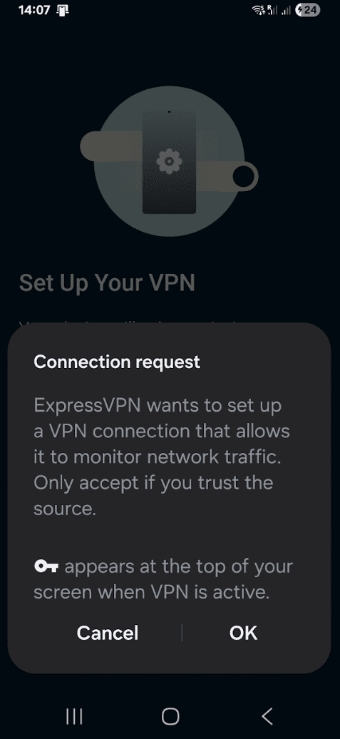 The ExpressVPN app's prompt to allow for VPN connections.