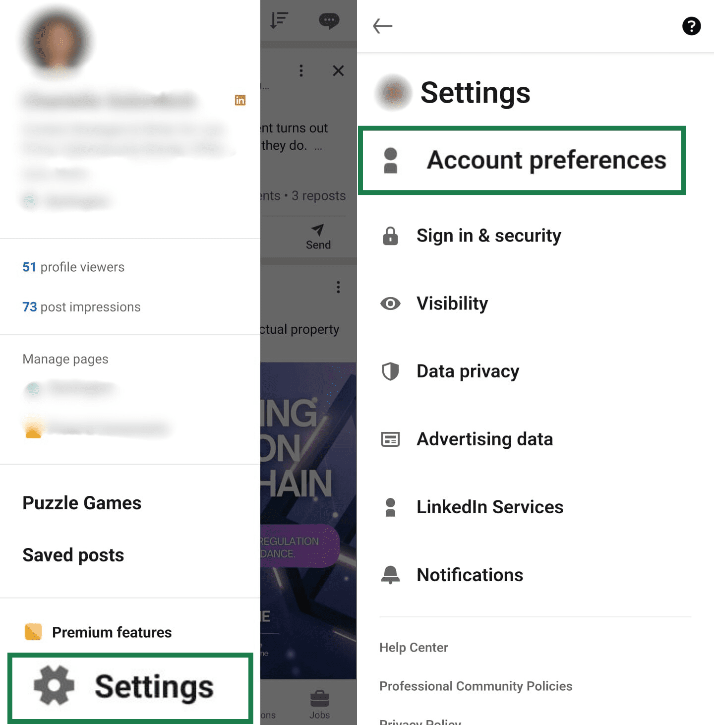 Two screens showing how to access LinkedIn account preferences on mobile: tapping 