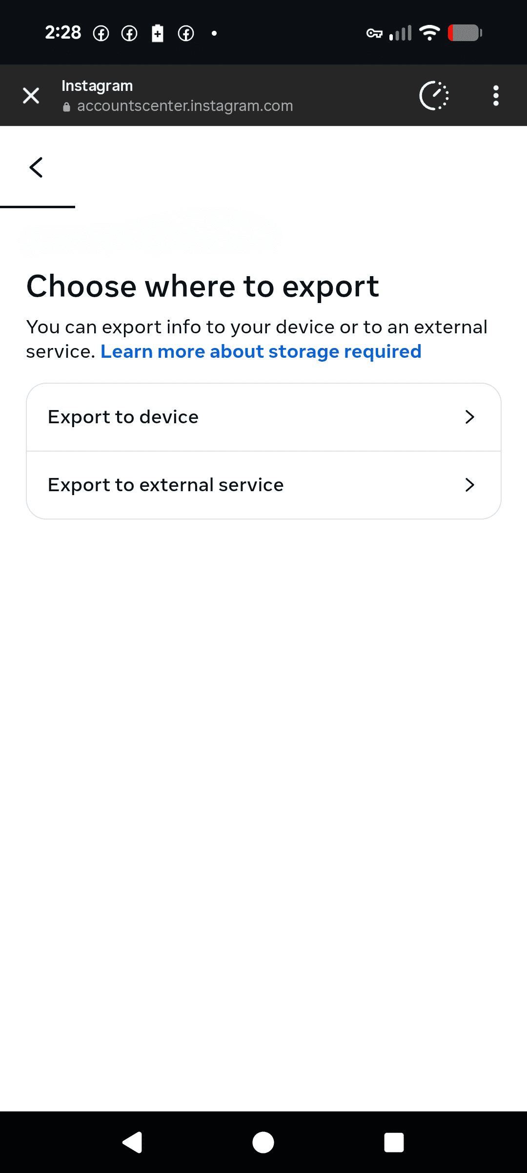 Choosing location to export data to in Instagram.