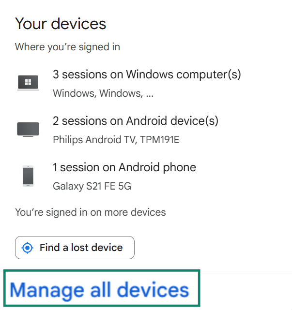 A list of connected devices to a Google account. The "Manage all devices" button is enlarged and highlighted