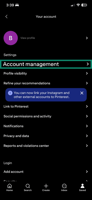 iOS Pinterest app Your account menu with Account management highlighted.