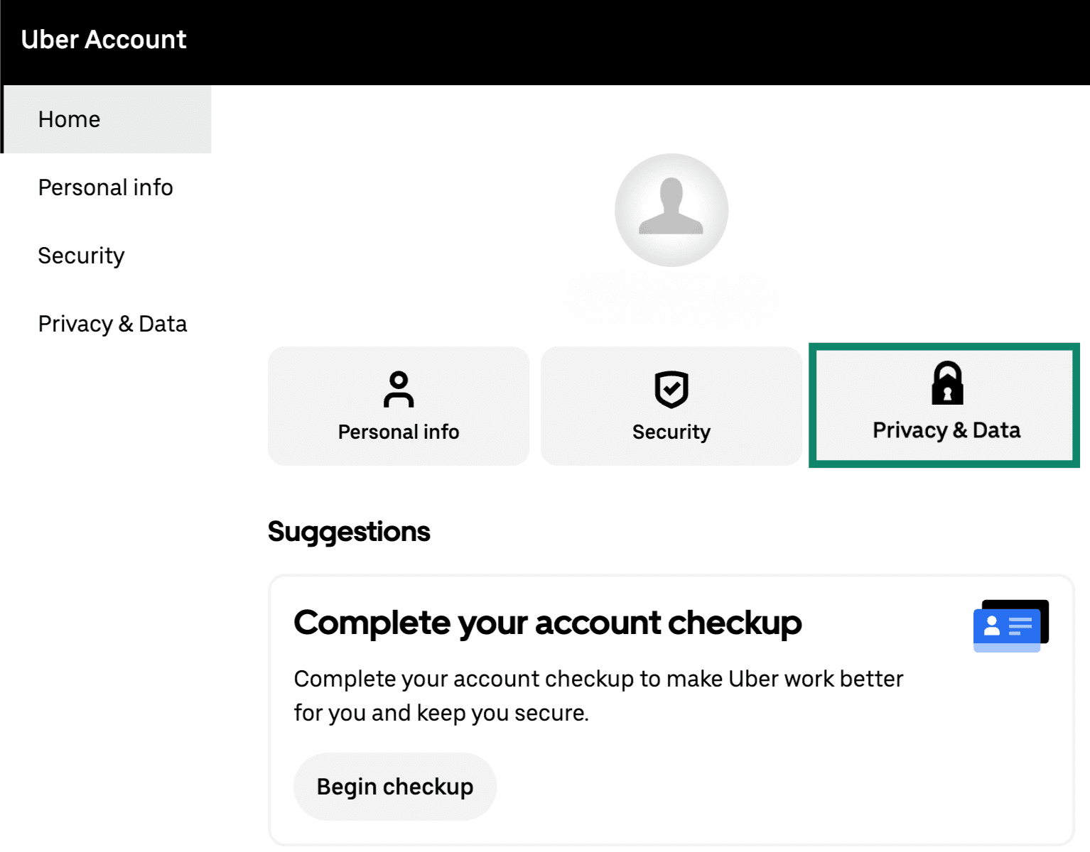 Uber desktop settings screen with privacy and data option selected.