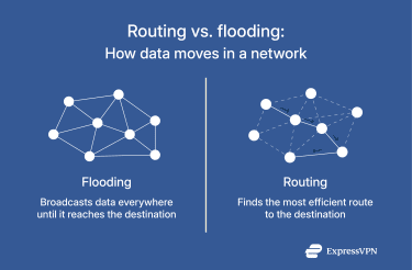 A visual showing the two main approaches to internal communication withing a mesh network: routing and flooding.