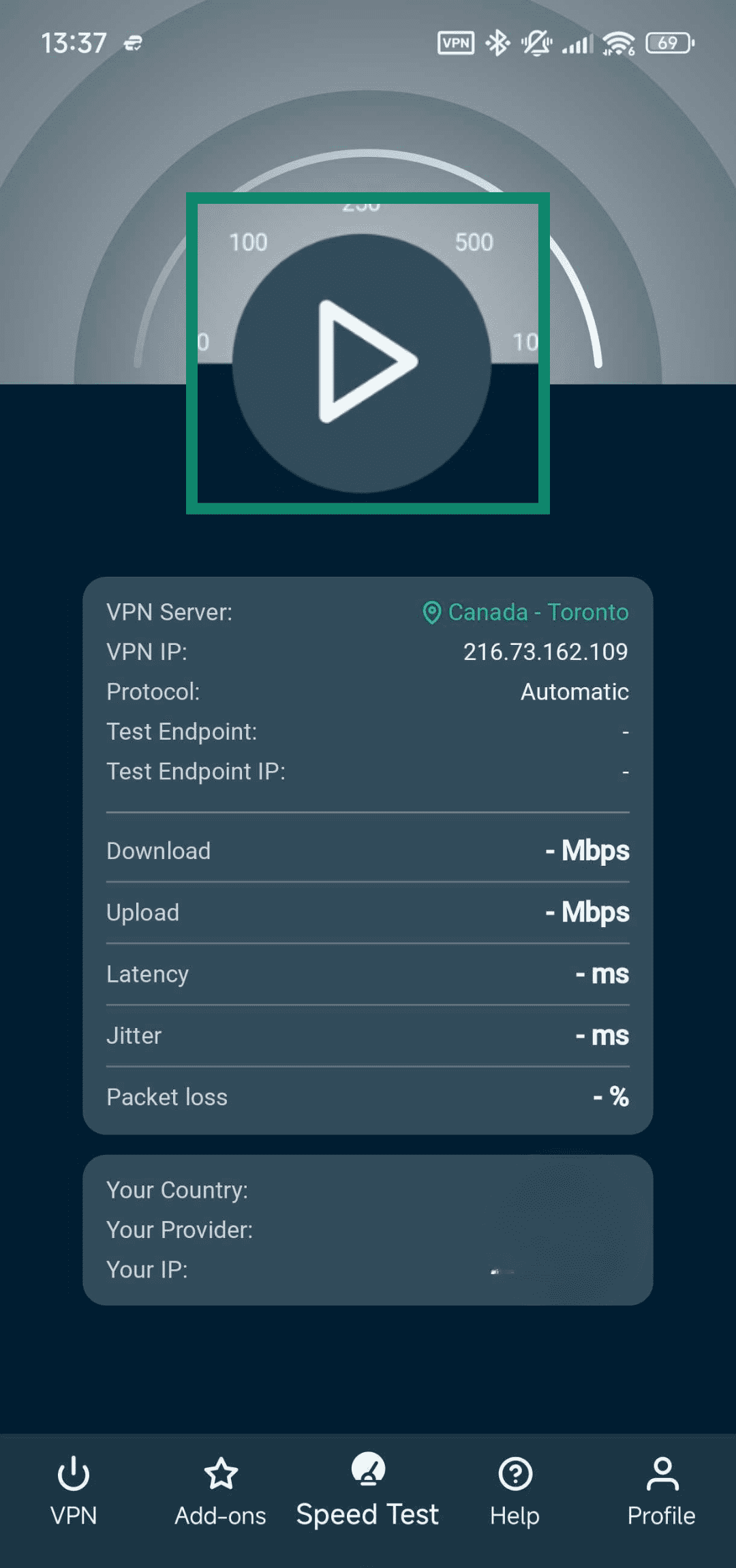 Starting a speed test on ExpressVPN's Android app.