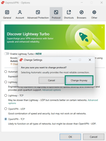 Confirmation du changement de protocole dans l’application ExpressVPN.