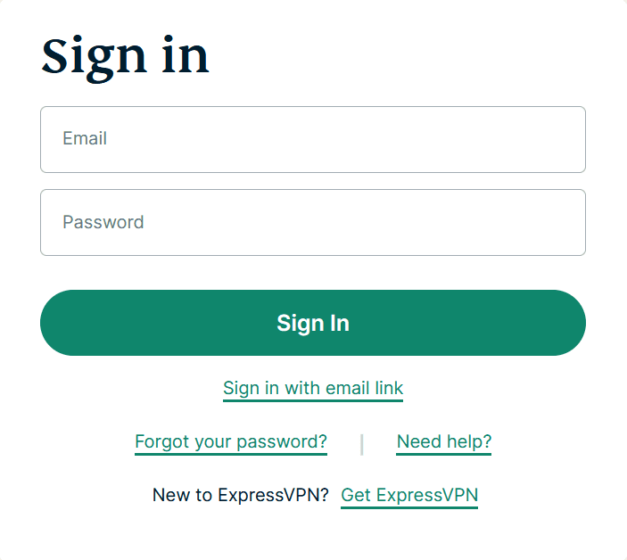 Signing into ExpressVPN web portal using email and password.