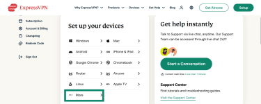 Accès aux options supplémentaires dans le portail web d’ExpressVPN.
