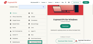 Accès à l’option de configuration manuelle dans le portail web d’ExpressVPN.