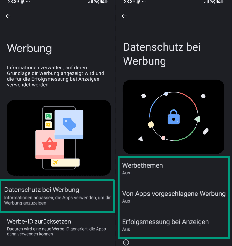 Two Android screenshots. The left screenshot shows the Settings menu with 