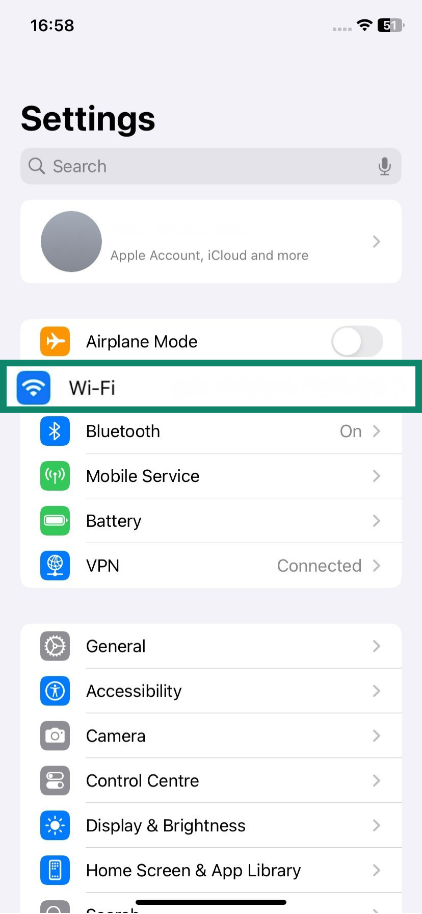 iOS Settings menu with Wi-Fi highlighted