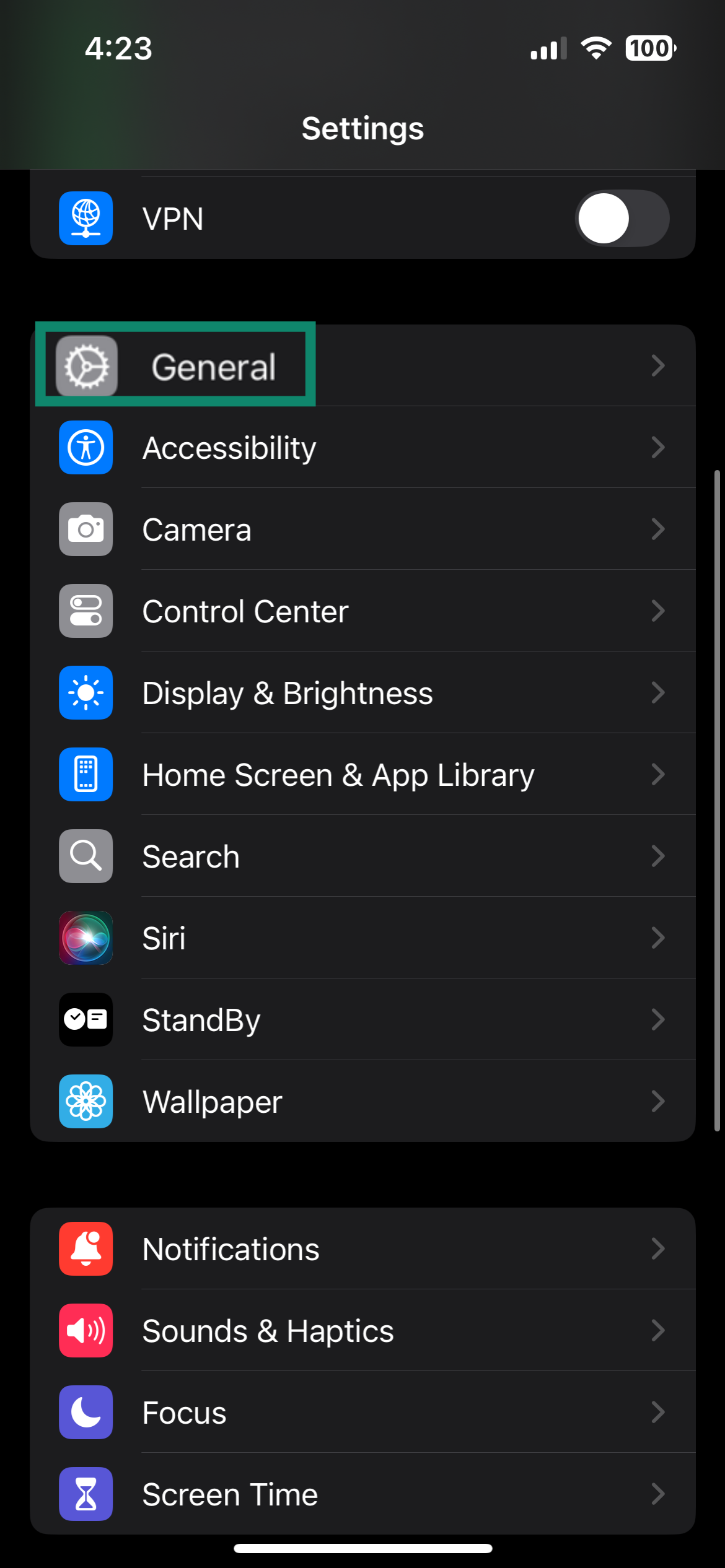 Screen showing iPhone's setting's menu