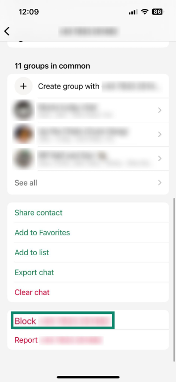 Block a contact by tapping the Block contact button.