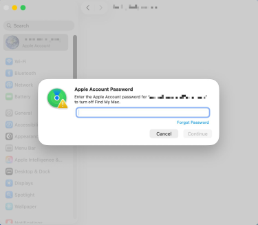 The "Apple Account Password" pop-up window on a Mac.