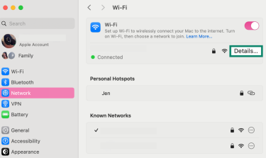 Wi-Fi settings on macOS showing the Details button highlighted.