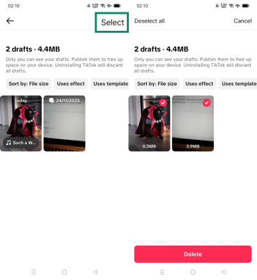 TikTok drafts screen showing Select button and selected drafts.
