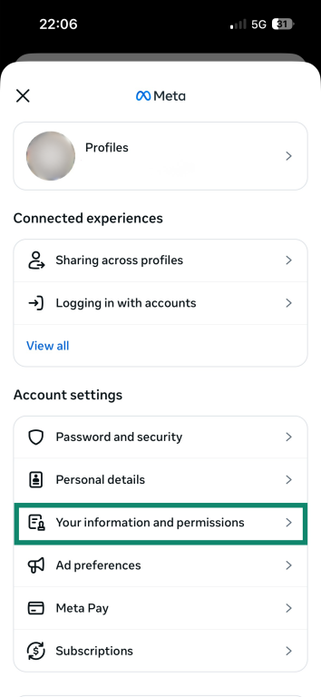 The Meta "Accounts Center" page on the iOS Facebook app. The "Your information and permissions" option is highlighted.