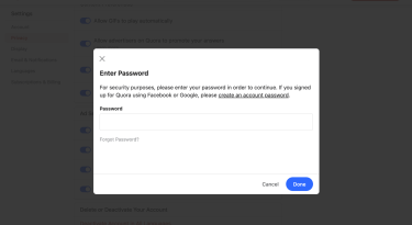 Quora Delete Account password confirmation popup.