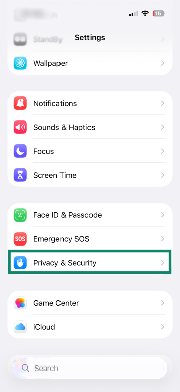 The "Settings" app on an iPhone. The "Privacy & Security" option is enlarged and highlighted.