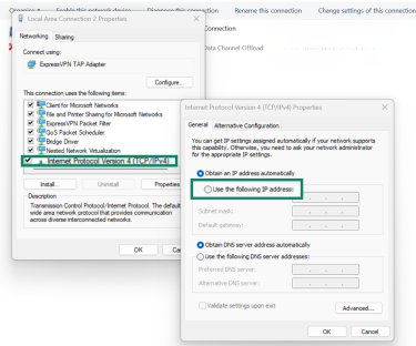 IPv4 Properties window with Use the following IP address selected in Local Area Connection properties.
