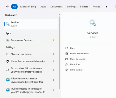 Windows 11 Start menu search showing the Services app selected with options to Open or Run as administrator.