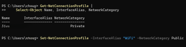 A PowerShell window showing the Get-NetConnectionProfile command and the Set-NetConnectionProfile command used to change a network's category.