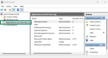 The Windows Event Viewer with the "Applications and Services Logs" folder selected in the navigation sidebar.