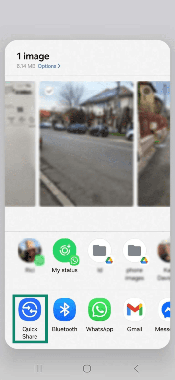 The share options for an Android camera photo. The "Quick Share" option is highlighted.