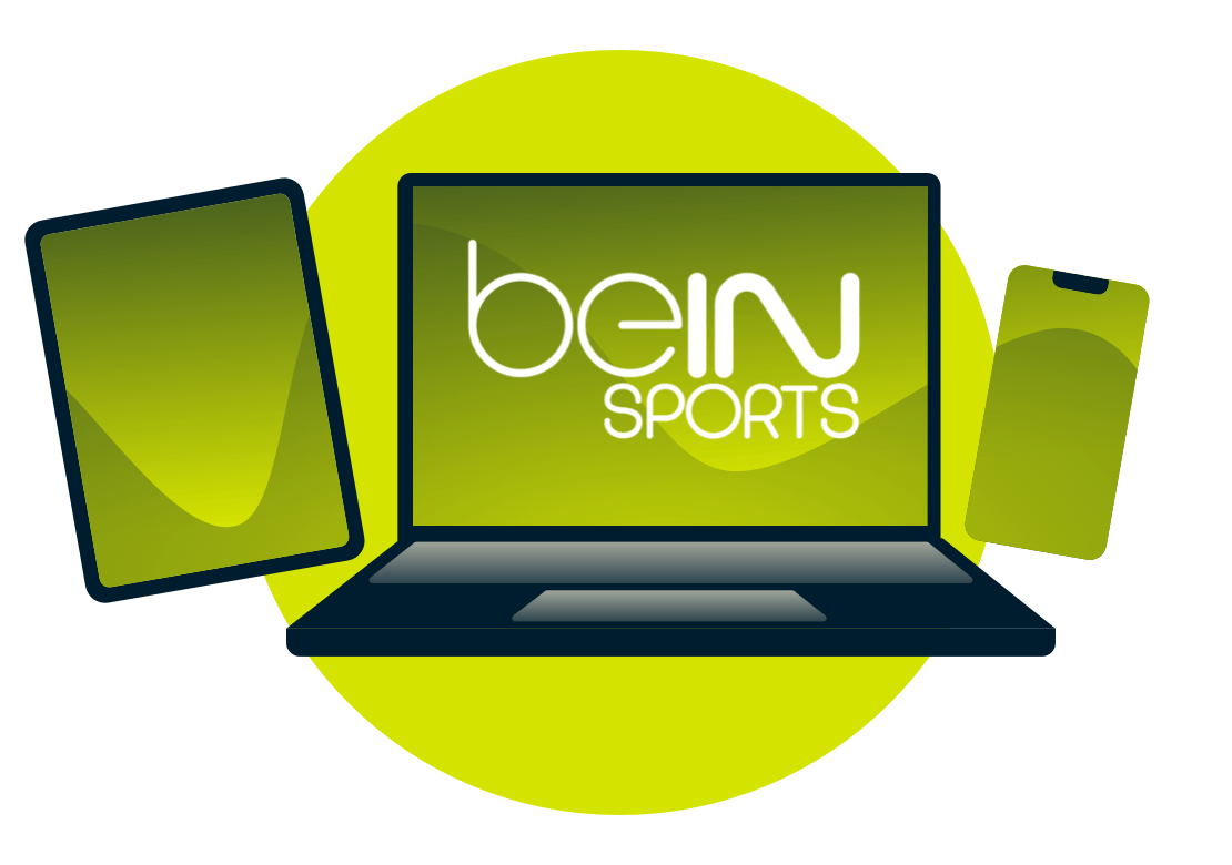 A laptop, tablet, and phone, with the Bein logo.
