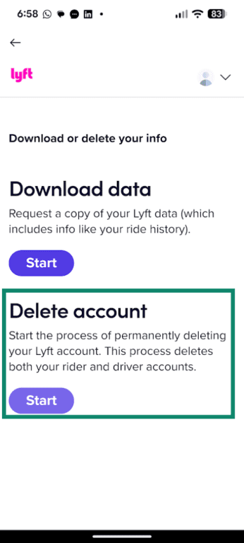Lyft app Delete Account process page
