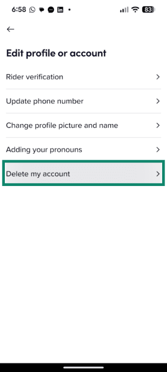 Delete my account option in the Lyft app for Android.
