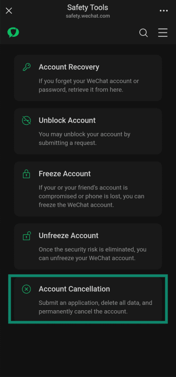 Accessing the Account Cancellation option through the Safety Tools menu.