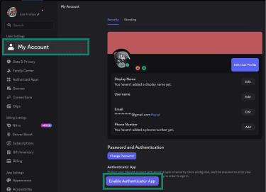 Discord user settings screen showing My Account page with security options and enable authenticator app button