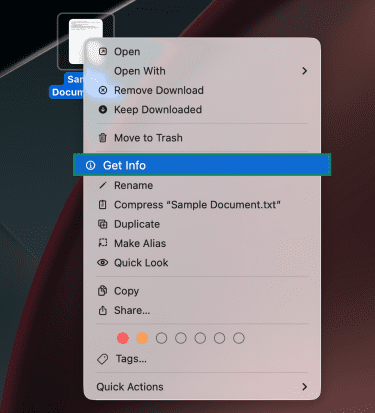 Right-click menu on macOS when selecting a file, with "Get Info" highlighted.