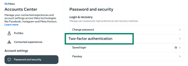 Password and security settings menu with the 'Two-factor authentication' option highlighted.
