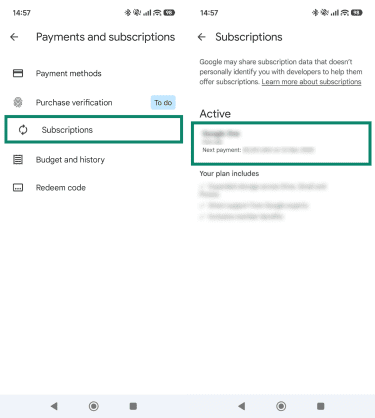 Screenshots from Android showing Google Play payments and subscription settings, highlighting Subscriptions and Active subscriptions.