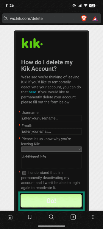 The Kik account deletion page, with the Go button highlighted.