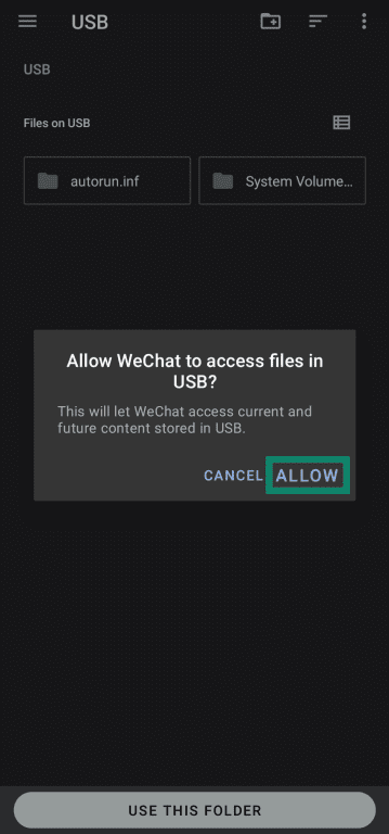 Allowing WeChat to access external storage device for backup.