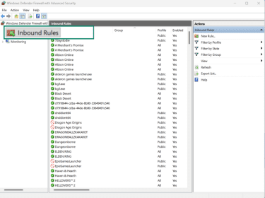 In Windows Defender Firewall with Advanced Security, click Inbound Rules.