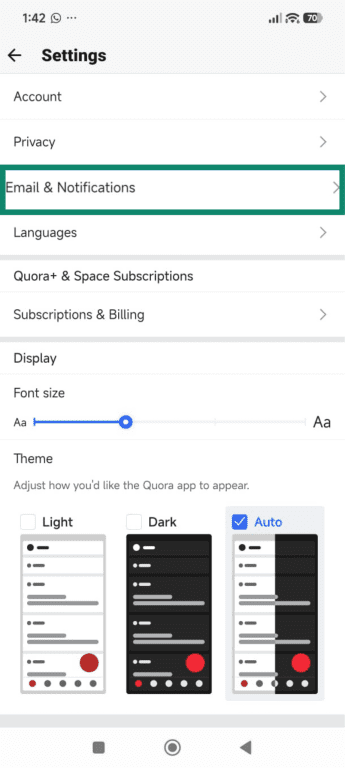 The Quora Android app user settings with Email & Notifications highlighted.
