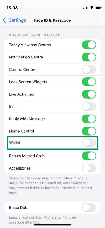Turning off the "Allow Access When Locked" settings for Wallet on an iPhone.